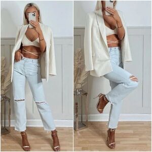 ZARA RIPPED HIGH WAIST STRAIGHT LEG JEANS Light Blue 40 / US 8